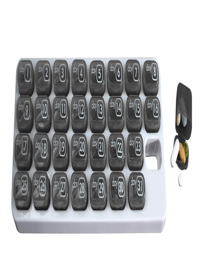 pill thing منظم أدوية شهري مع 31 علبة حبوب قابلة للإزالة للاستخدام اليومي في المنزل والعمل والسفر، علب حبوب مرقمة للمكملات الغذائية والفيتامينات (رمادي) - Image 1